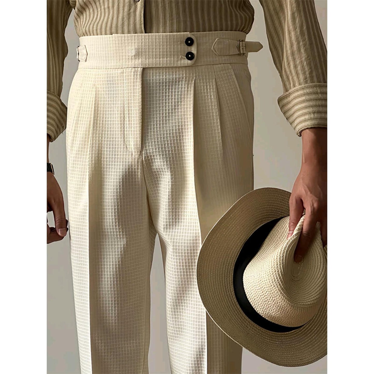 Light Luxury Solid Color Waffle High Waist Pants Straight Neapolitan Casual Non-ironing Business Italian Paris Button Long Pants