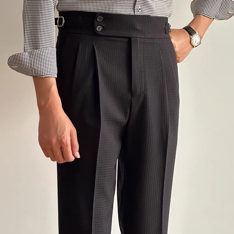 Casual waffle trousers men's Naples Paris buckle double pleated trousers business non-ironing straight suit trousers