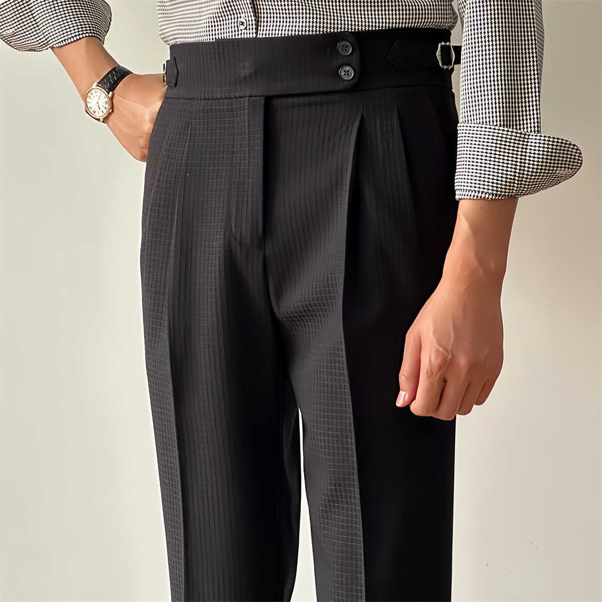 Light Luxury Solid Color Waffle High Waist Pants Straight Neapolitan Casual Non-ironing Business Italian Paris Button Long Pants