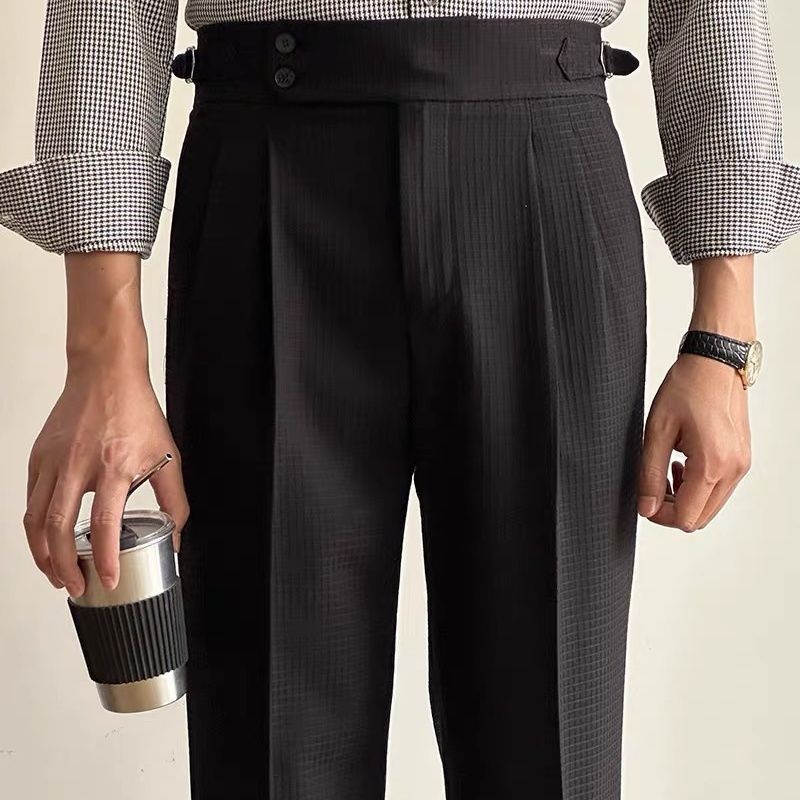 Casual waffle trousers men's Naples Paris buckle double pleated trousers business non-ironing straight suit trousers