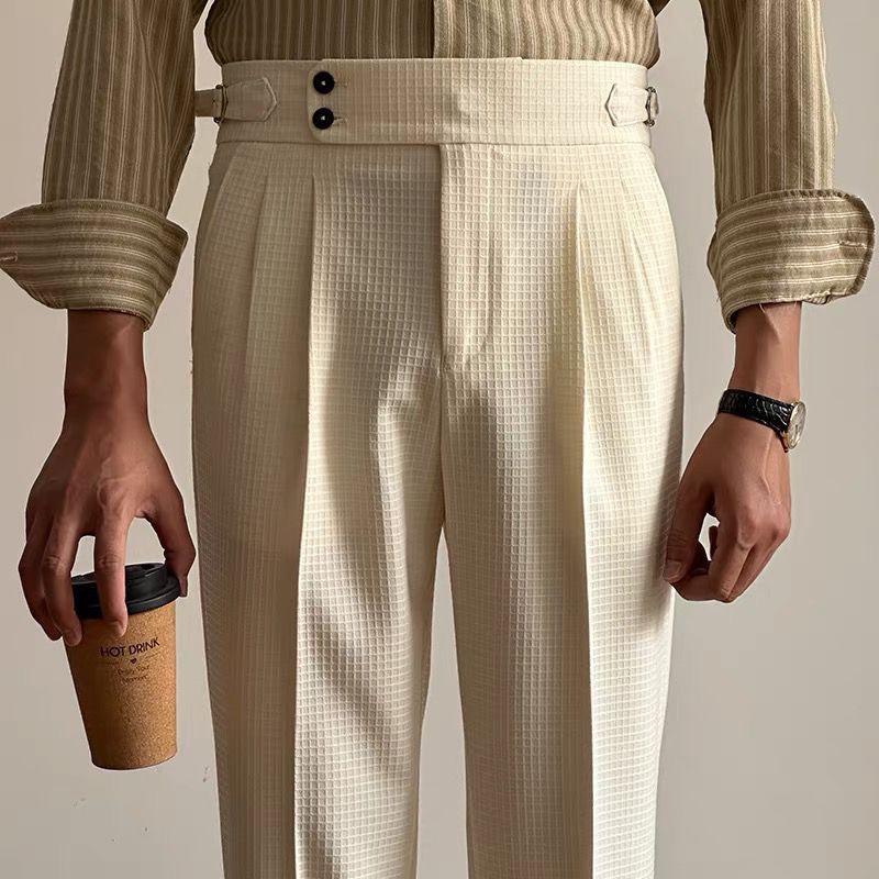 Casual waffle trousers men's Naples Paris buckle double pleated trousers business non-ironing straight suit trousers