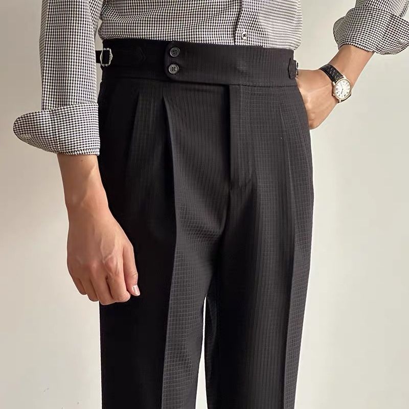 Casual waffle trousers men's Naples Paris buckle double pleated trousers business non-ironing straight suit trousers