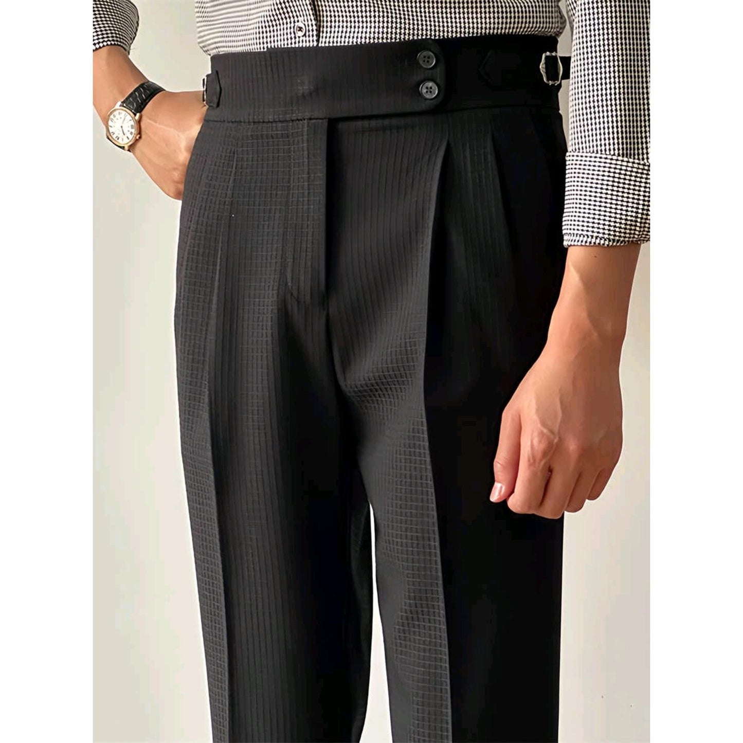 Light Luxury Solid Color Waffle High Waist Pants Straight Neapolitan Casual Non-ironing Business Italian Paris Button Long Pants
