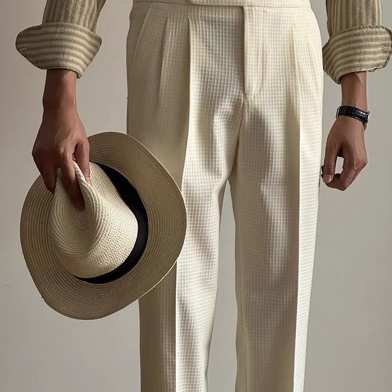 Casual waffle trousers men's Naples Paris buckle double pleated trousers business non-ironing straight suit trousers