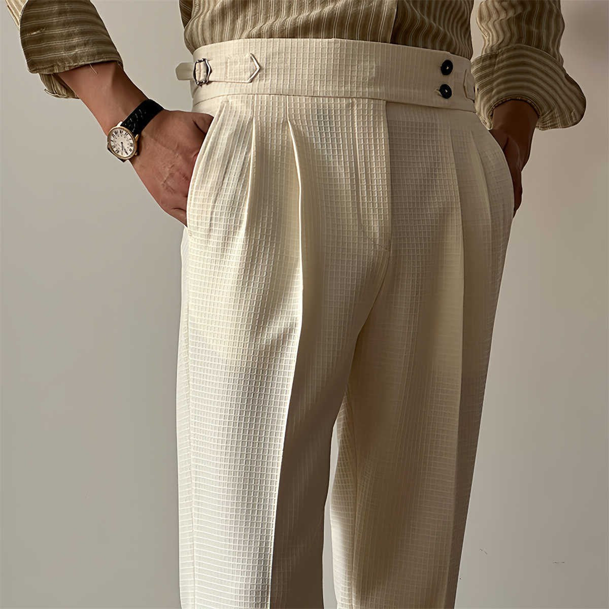 Light Luxury Solid Color Waffle High Waist Pants Straight Neapolitan Casual Non-ironing Business Italian Paris Button Long Pants
