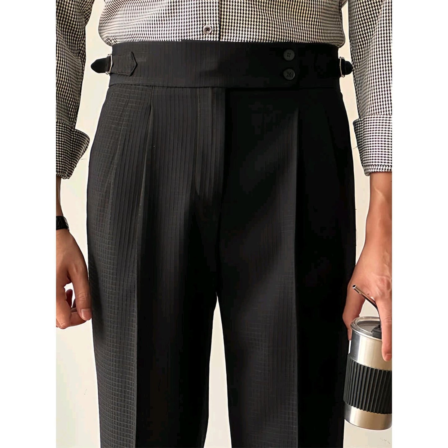 Light Luxury Solid Color Waffle High Waist Pants Straight Neapolitan Casual Non-ironing Business Italian Paris Button Long Pants
