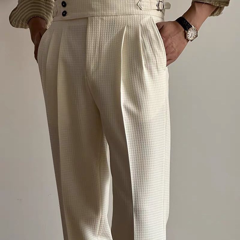 Casual waffle trousers men's Naples Paris buckle double pleated trousers business non-ironing straight suit trousers