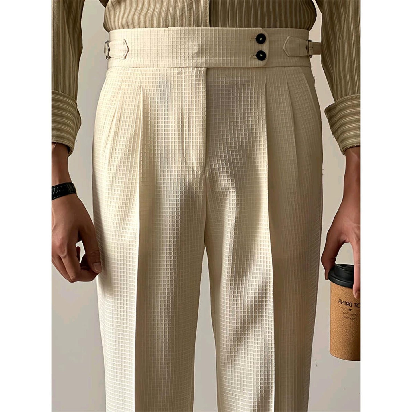 Light Luxury Solid Color Waffle High Waist Pants Straight Neapolitan Casual Non-ironing Business Italian Paris Button Long Pants