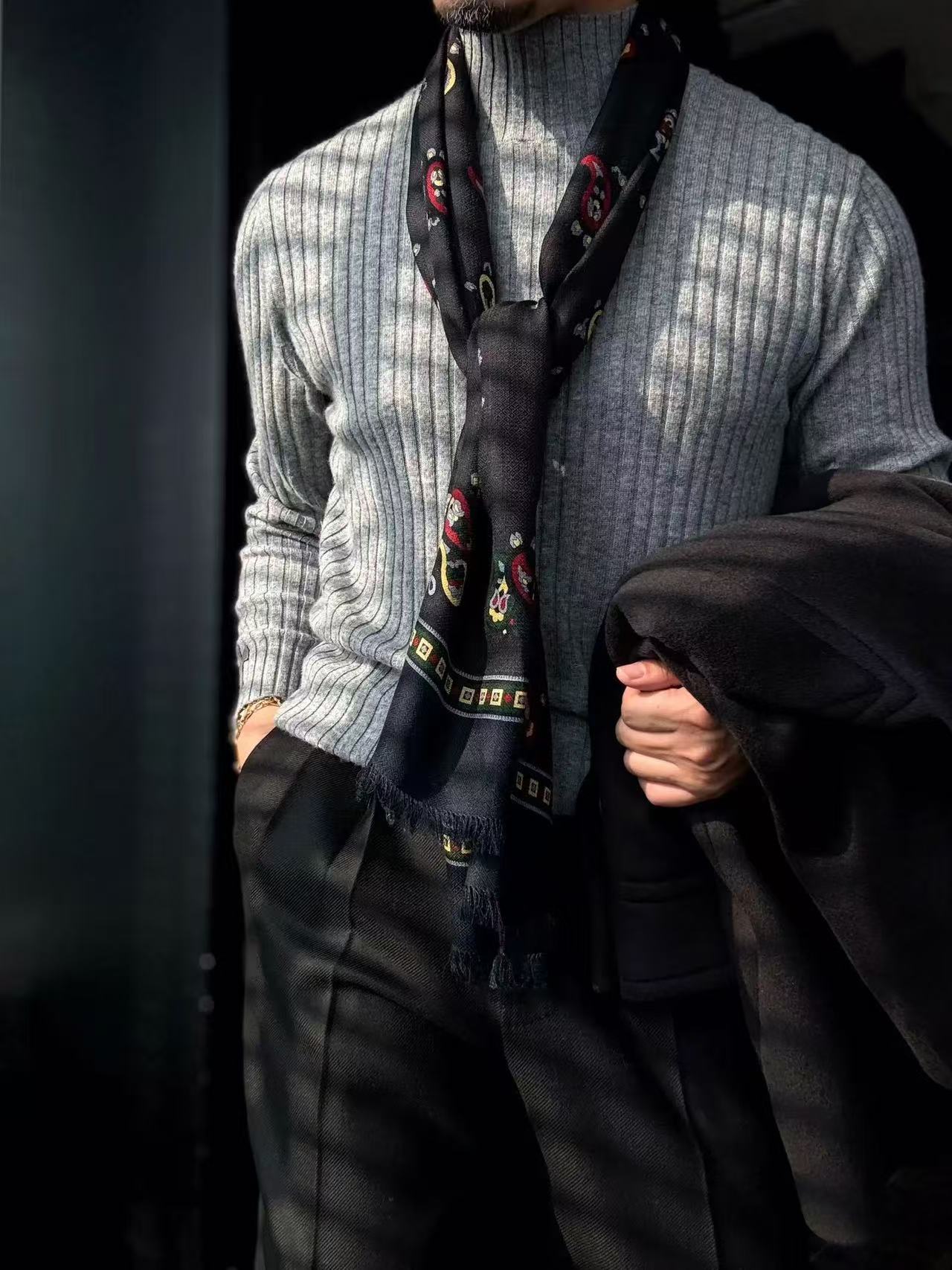 Pallaband™️ Semi-high neck vertical striped leather label knitted sweater