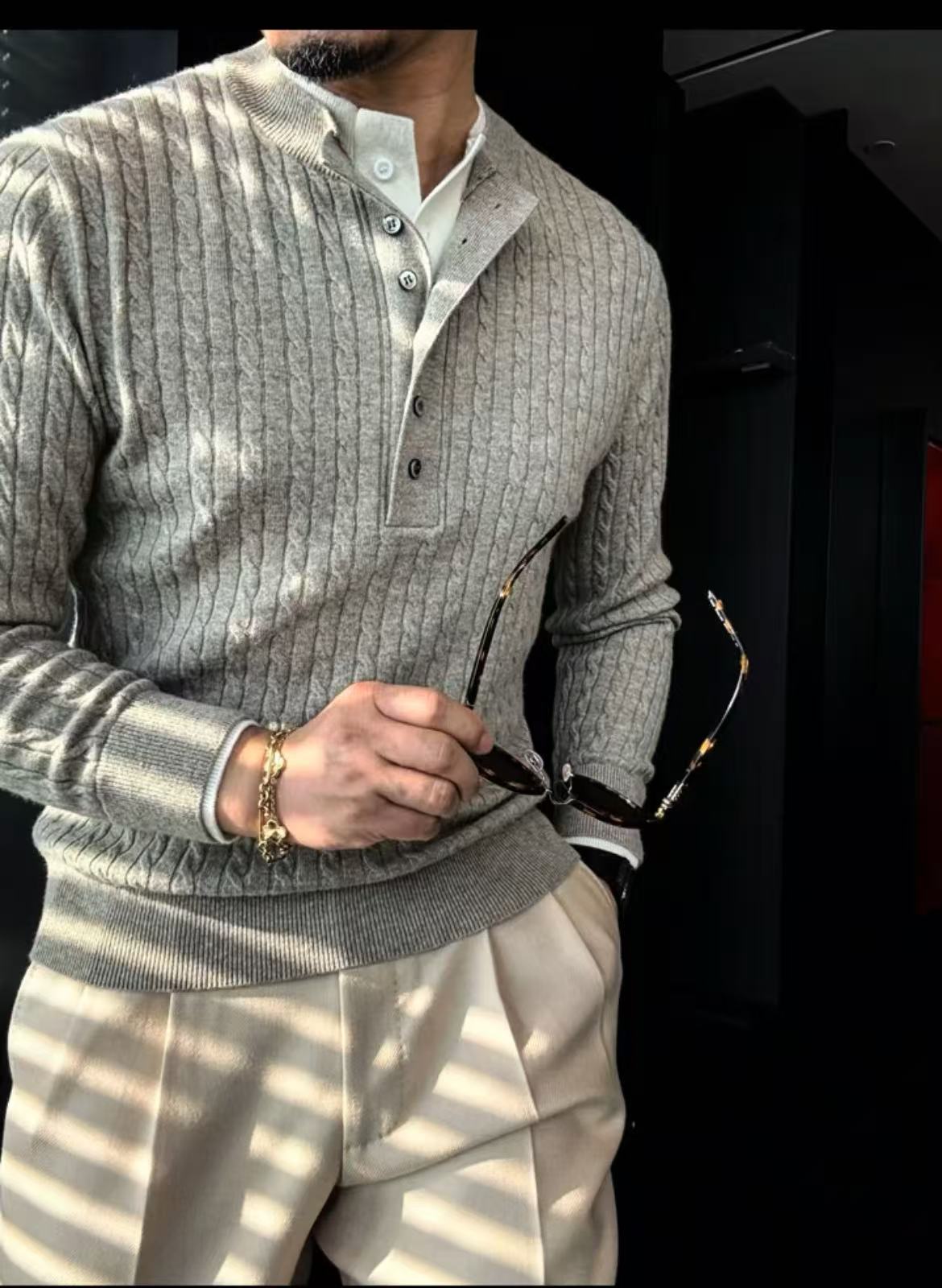 Pallaband™️ Unisex Henley collar sweater  luxury loose pullover twist design American vintage knitwear