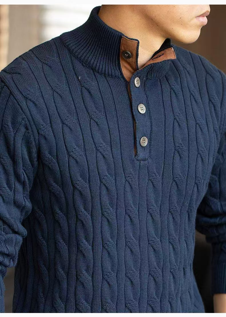 Lao Qianfeng Premium Wool Twisted Pattern Color-Blocked Stand-Up Collar Pullover