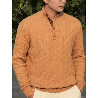 Lao Qianfeng Premium Wool Twisted Pattern Color-Blocked Stand-Up Collar Pullover