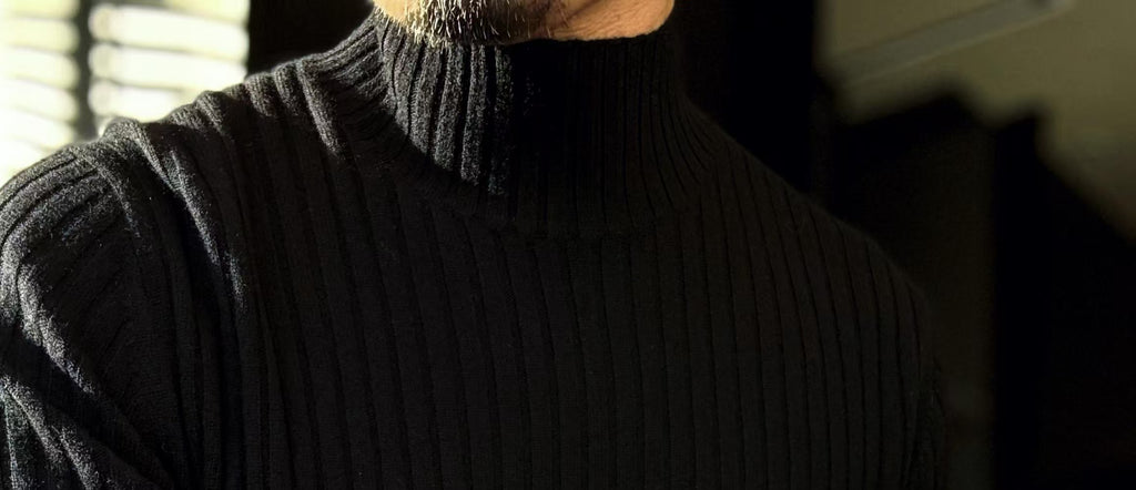 Pallaband™️ Semi-high neck vertical striped leather label knitted sweater