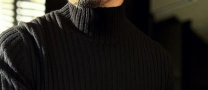 Pallaband™️ Semi-high neck vertical striped leather label knitted sweater