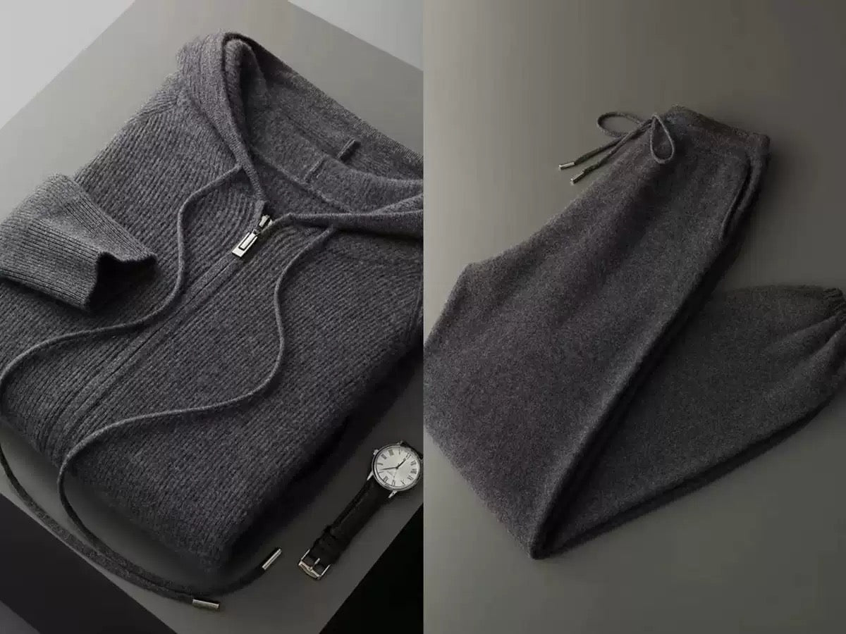 PB ™️ Men's Luxury Grade Hooded Cardigan 100% Pure Fleece Air Layer Thickened Pocket Casual Knitted Sweater Jacket SET