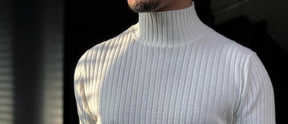 Pallaband™️ Semi-high neck vertical striped leather label knitted sweater
