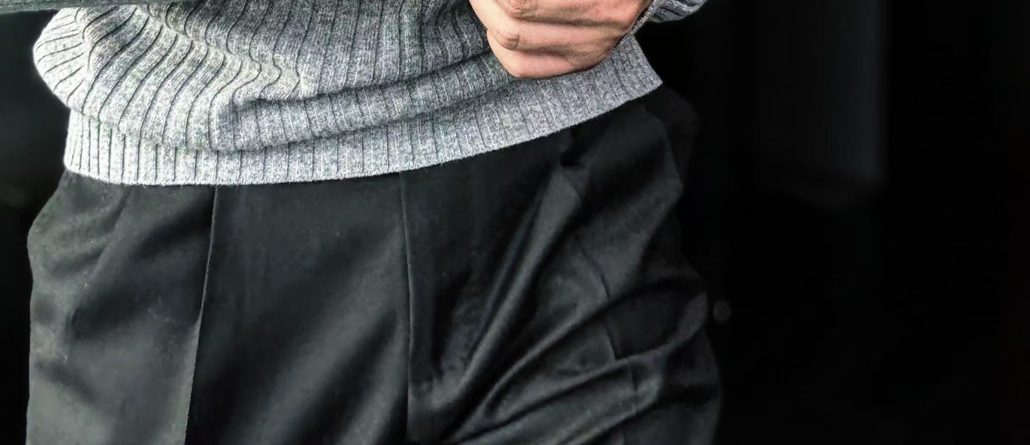 Pallaband™️ Semi-high neck vertical striped leather label knitted sweater