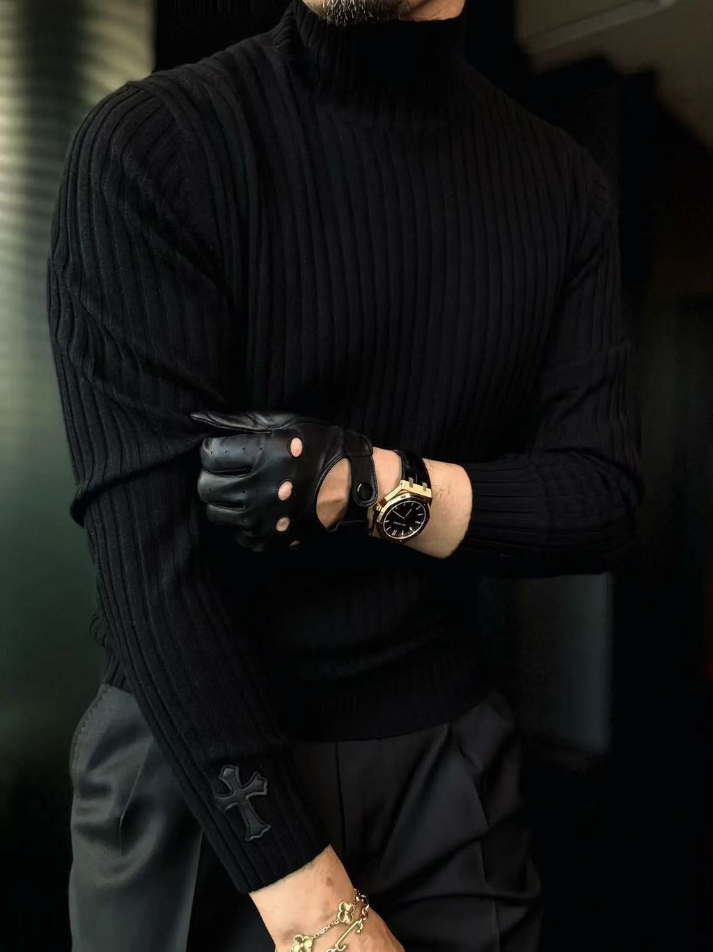 Pallaband™️ Semi-high neck vertical striped leather label knitted sweater