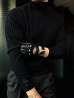 Pallaband™️ Semi-high neck vertical striped leather label knitted sweater