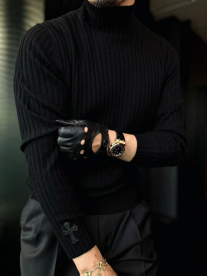 Pallaband™️ Semi-high neck vertical striped leather label knitted sweater