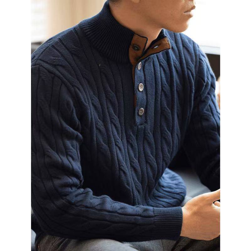 Lao Qianfeng Premium Wool Twisted Pattern Color-Blocked Stand-Up Collar Pullover
