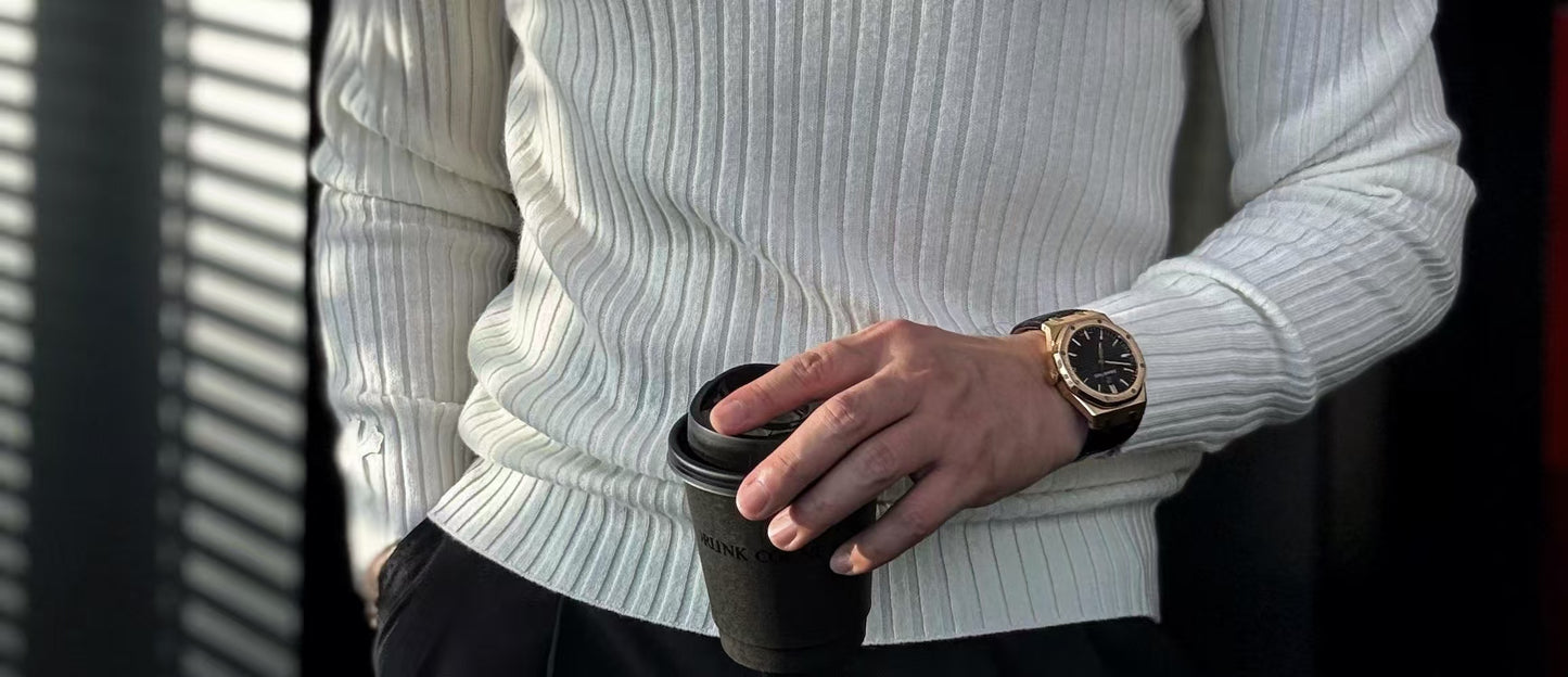 Pallaband™️ Semi-high neck vertical striped leather label knitted sweater