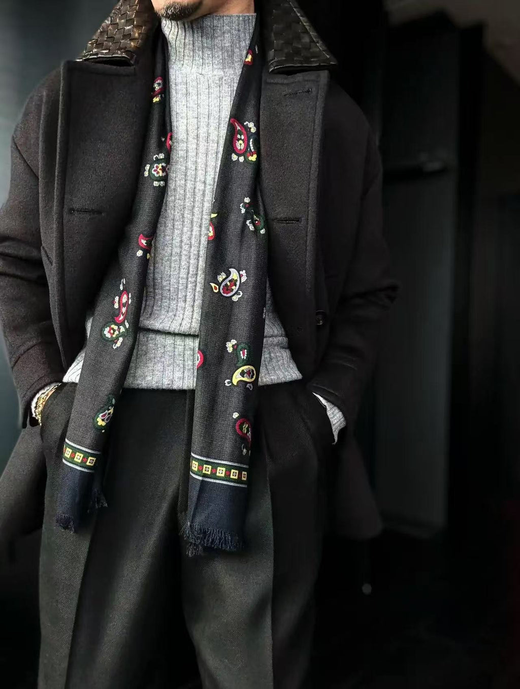 Pallaband™️ Semi-high neck vertical striped leather label knitted sweater