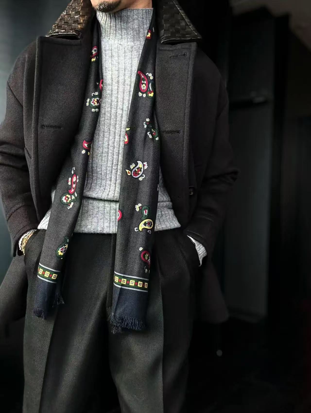 Pallaband™️ Semi-high neck vertical striped leather label knitted sweater