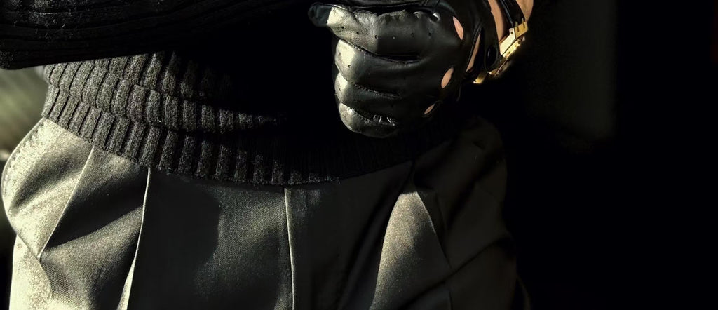 Pallaband™️ Semi-high neck vertical striped leather label knitted sweater