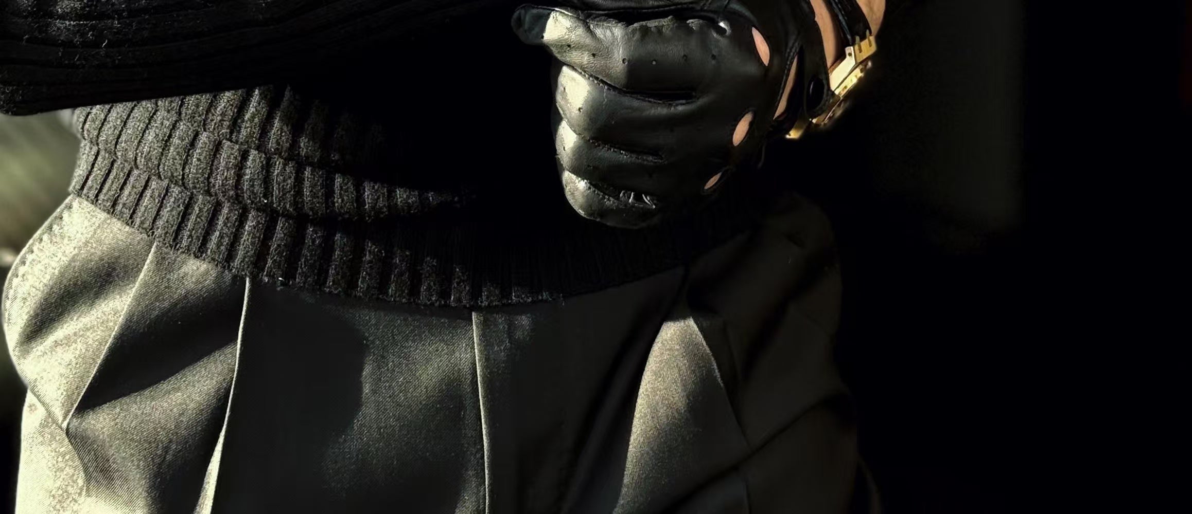 Pallaband™️ Semi-high neck vertical striped leather label knitted sweater