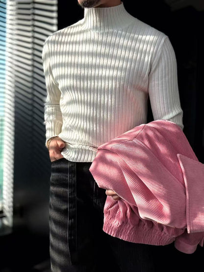 Pallaband™️ Semi-high neck vertical striped leather label knitted sweater