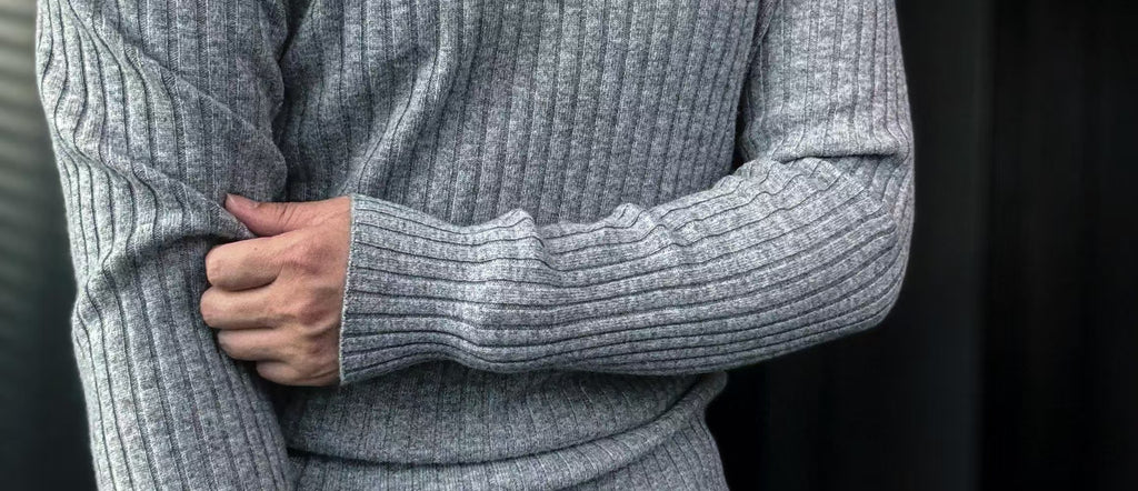 Pallaband™️ Semi-high neck vertical striped leather label knitted sweater