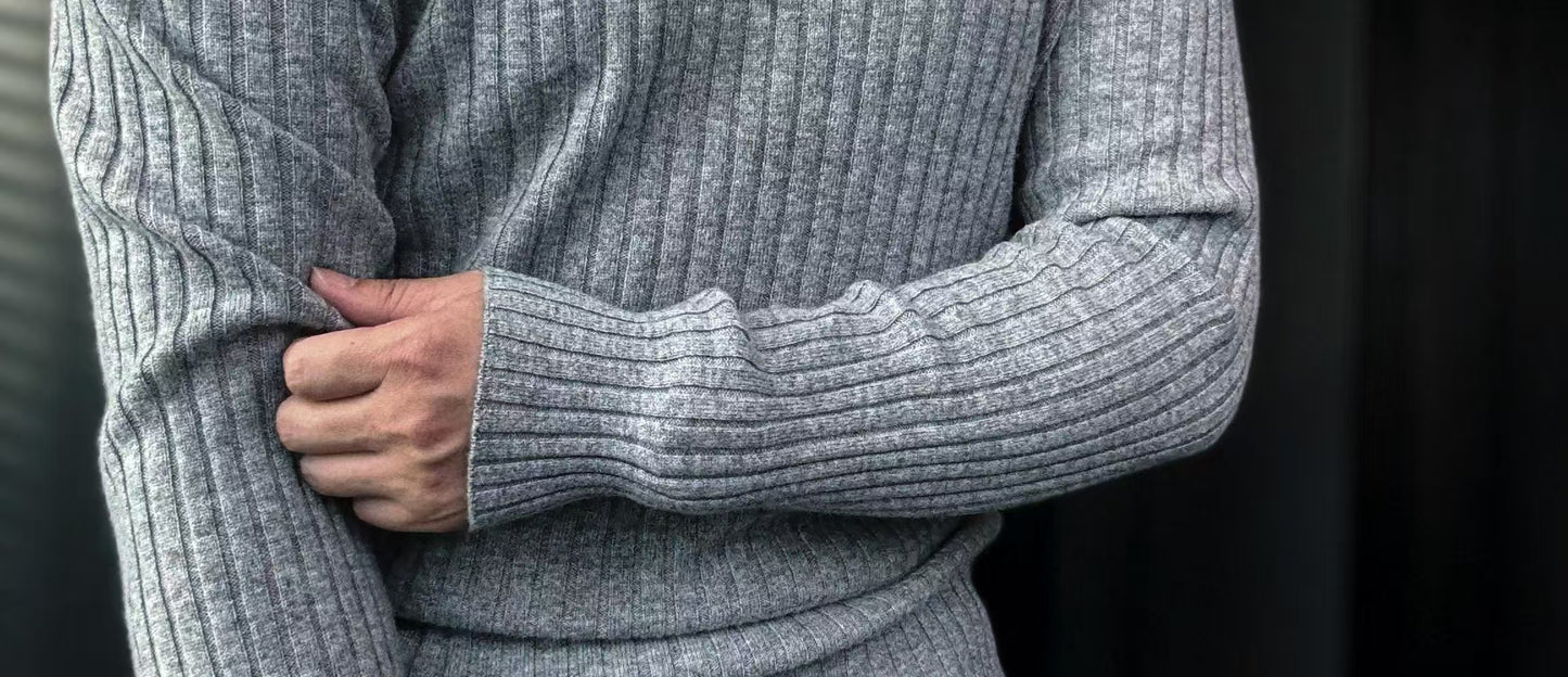 Pallaband™️ Semi-high neck vertical striped leather label knitted sweater