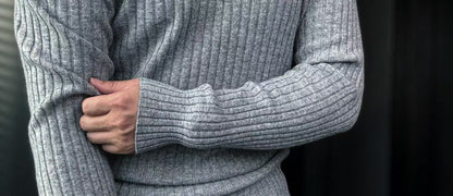 Pallaband™️ Semi-high neck vertical striped leather label knitted sweater