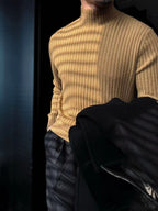 Pallaband™️ Semi-high neck vertical striped leather label knitted sweater