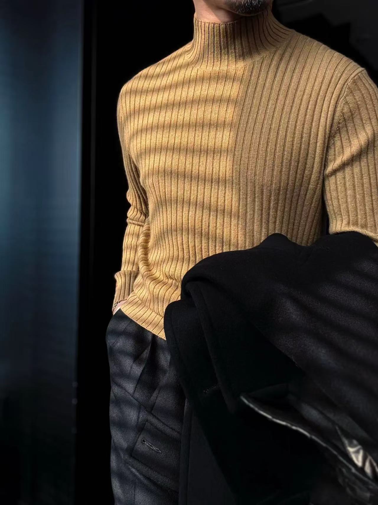 Pallaband™️ Semi-high neck vertical striped leather label knitted sweater