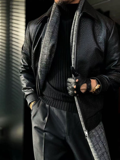 Pallaband™️ Semi-high neck vertical striped leather label knitted sweater