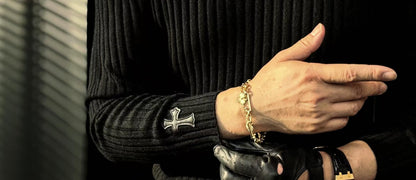 Pallaband™️ Semi-high neck vertical striped leather label knitted sweater