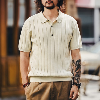 Pallaband™️ High-end trendy brand button-down vertical-striped short-sleeved polo shirt