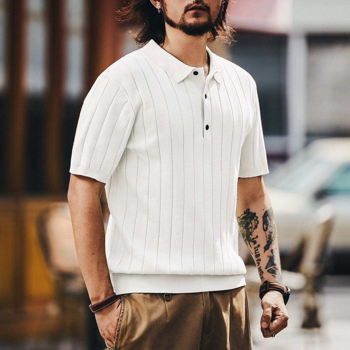 Pallaband™️ High-end trendy brand button-down vertical-striped short-sleeved polo shirt