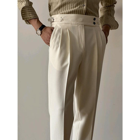 Light Luxury Solid Color Waffle High Waist Pants Straight Neapolitan Casual Non-ironing Business Italian Paris Button Long Pants