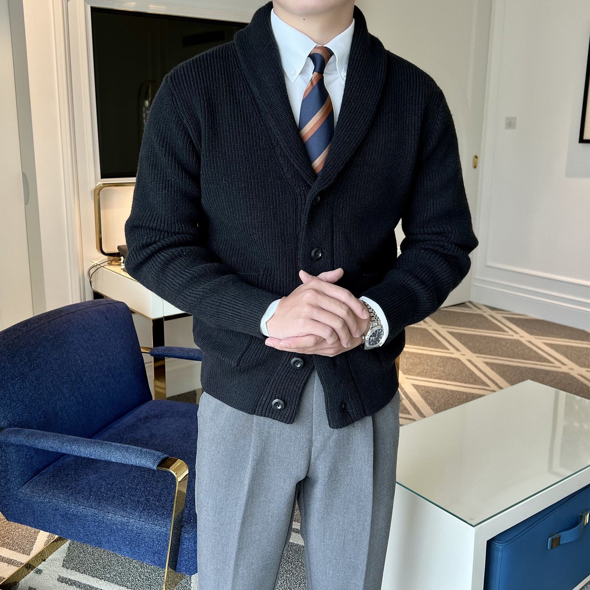 Autumn and winter high-end green fruit neck cardigan men's retro slim fit light ripe business knitted sweater popular sweater jacket