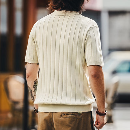 Pallaband™️ High-end trendy brand button-down vertical-striped short-sleeved polo shirt