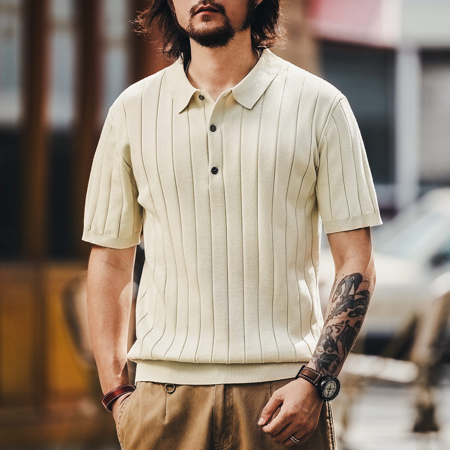 Pallaband™️ High-end trendy brand button-down vertical-striped short-sleeved polo shirt