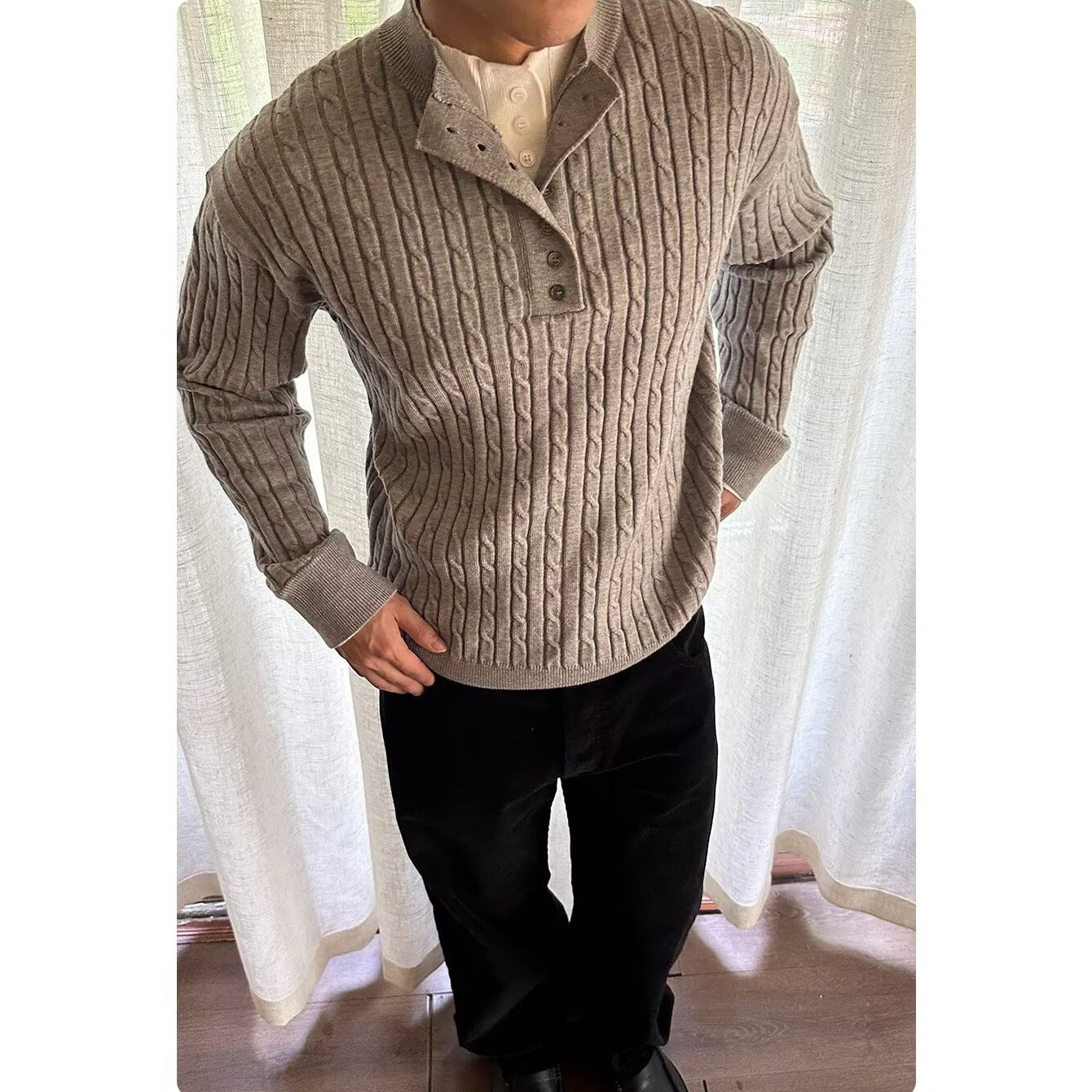 Pallaband™️ Unisex Henley collar sweater  luxury loose pullover twist design American vintage knitwear