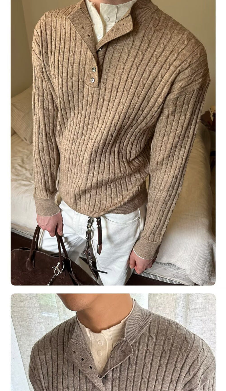 Pallaband™️ Unisex Henley collar sweater  luxury loose pullover twist design American vintage knitwear