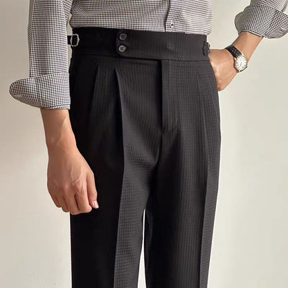 Casual waffle trousers men's Naples Paris buckle double pleated trousers business non-ironing straight suit trousers