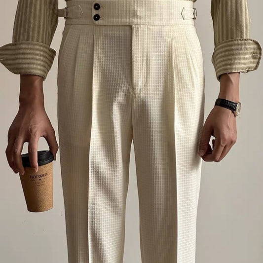 Casual waffle trousers men's Naples Paris buckle double pleated trousers business non-ironing straight suit trousers