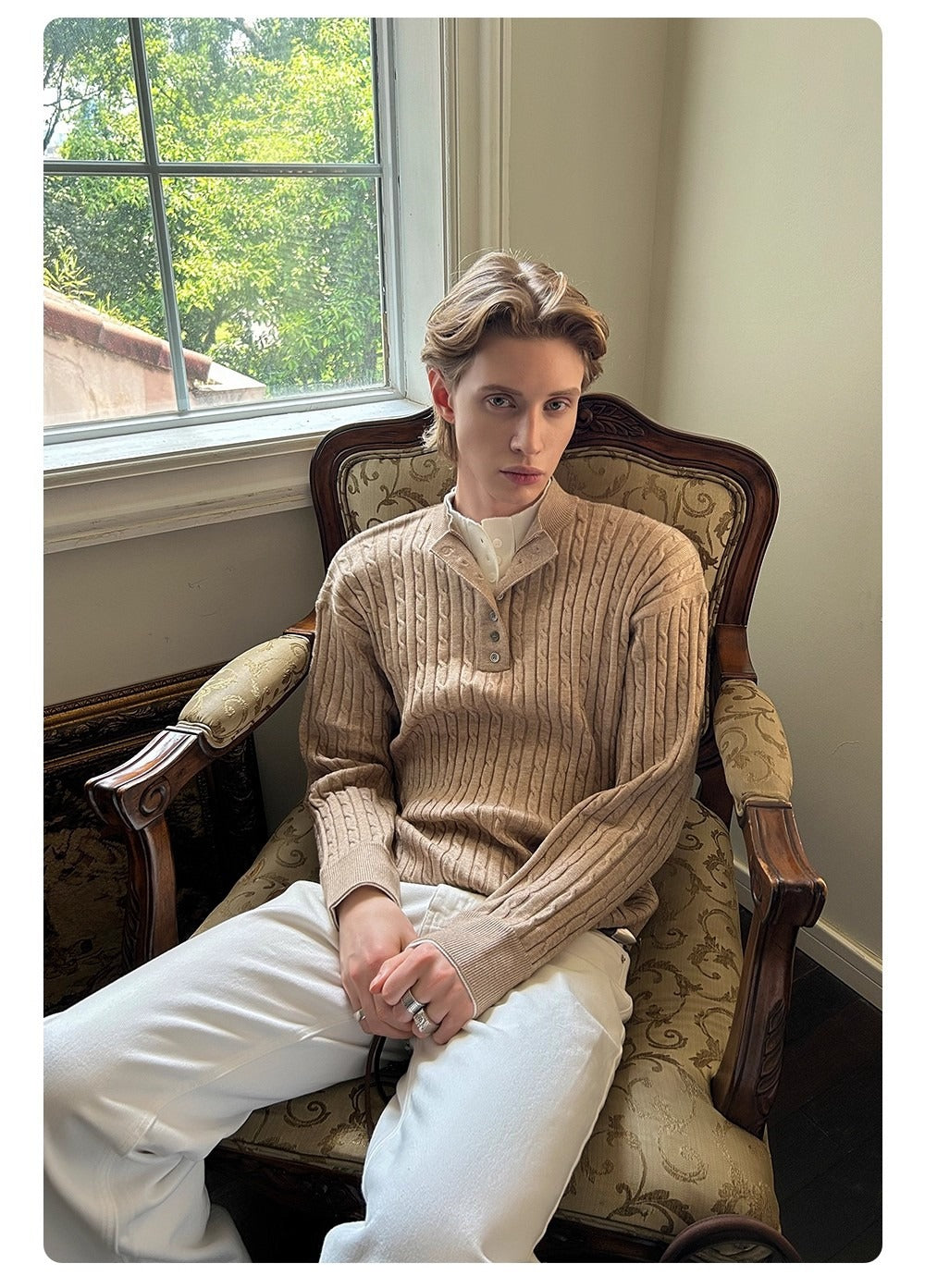 Pallaband™️ Unisex Henley collar sweater  luxury loose pullover twist design American vintage knitwear