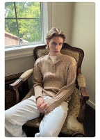 Pallaband™️ Unisex Henley collar sweater  luxury loose pullover twist design American vintage knitwear